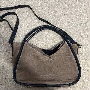 Elegant Tan Suede Handbag with Black Accents